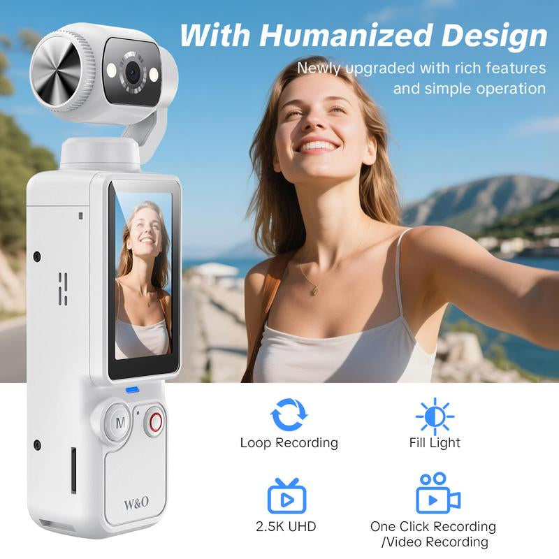 【Christmas Gift】W&O Portable 2.5K Ultra HD Video Recorder with 180° Rotating Lens Handheld Stabilizer Pocket Camera Full Body for Vlogging Travel Daily Life Recording USB Rechargeable Black Durable Construction Camcorder