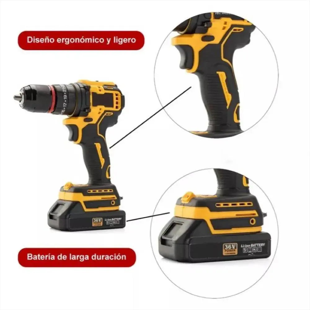 Taladro Inalámbrico 36V con Herramientas y 2 Baterías Recargables – Potencia y Versatilidad para el Hogar 🔧🔋